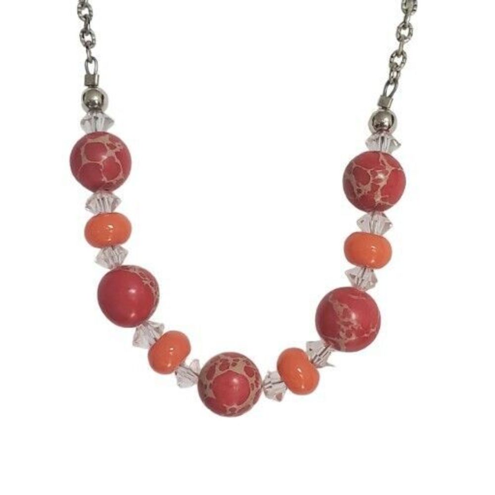 12" Silver Tone Orange Round Beaded Necklace Faceted Clear Space Beads